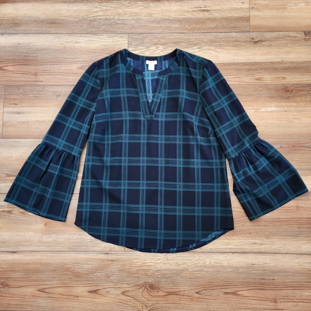 J. Crew Factory Navy & Green Plaid Bell Sleeve Blouse XS